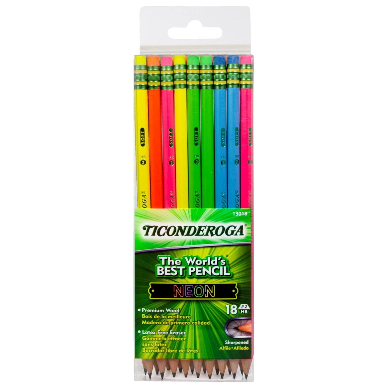 Ticonderoga Number 2 Pencils, Presharpened, Assorted Neon, Set of 18